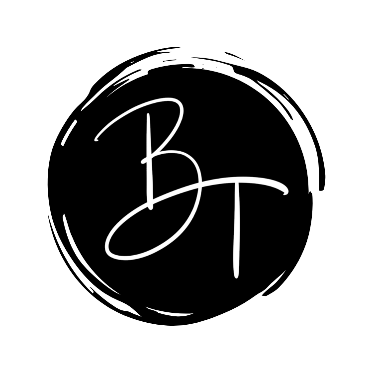 Black circular logo with elegant white BT script lettering on dark background.