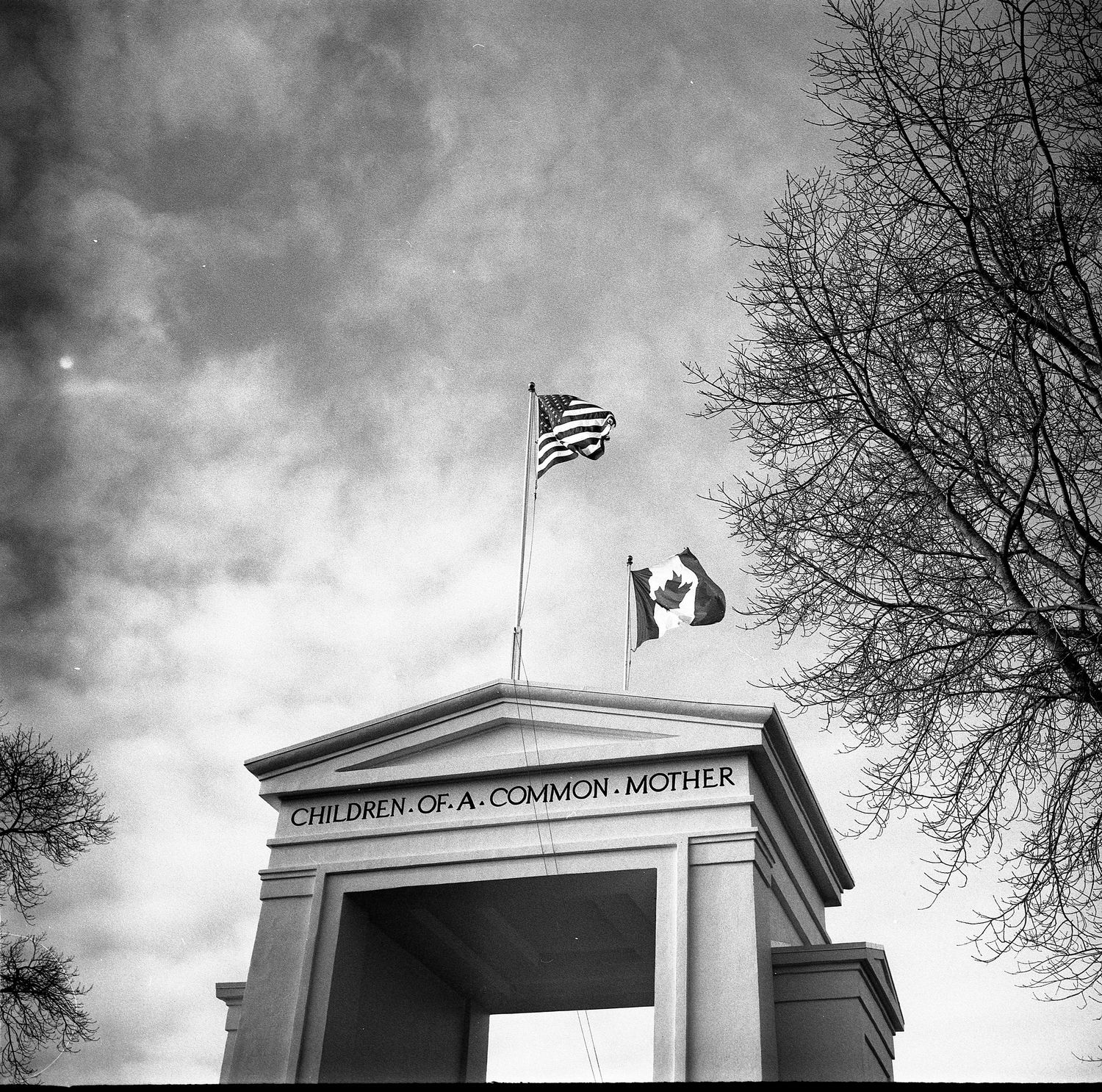 Black and white film photo of Peace Arch Historical State Park in Washington
