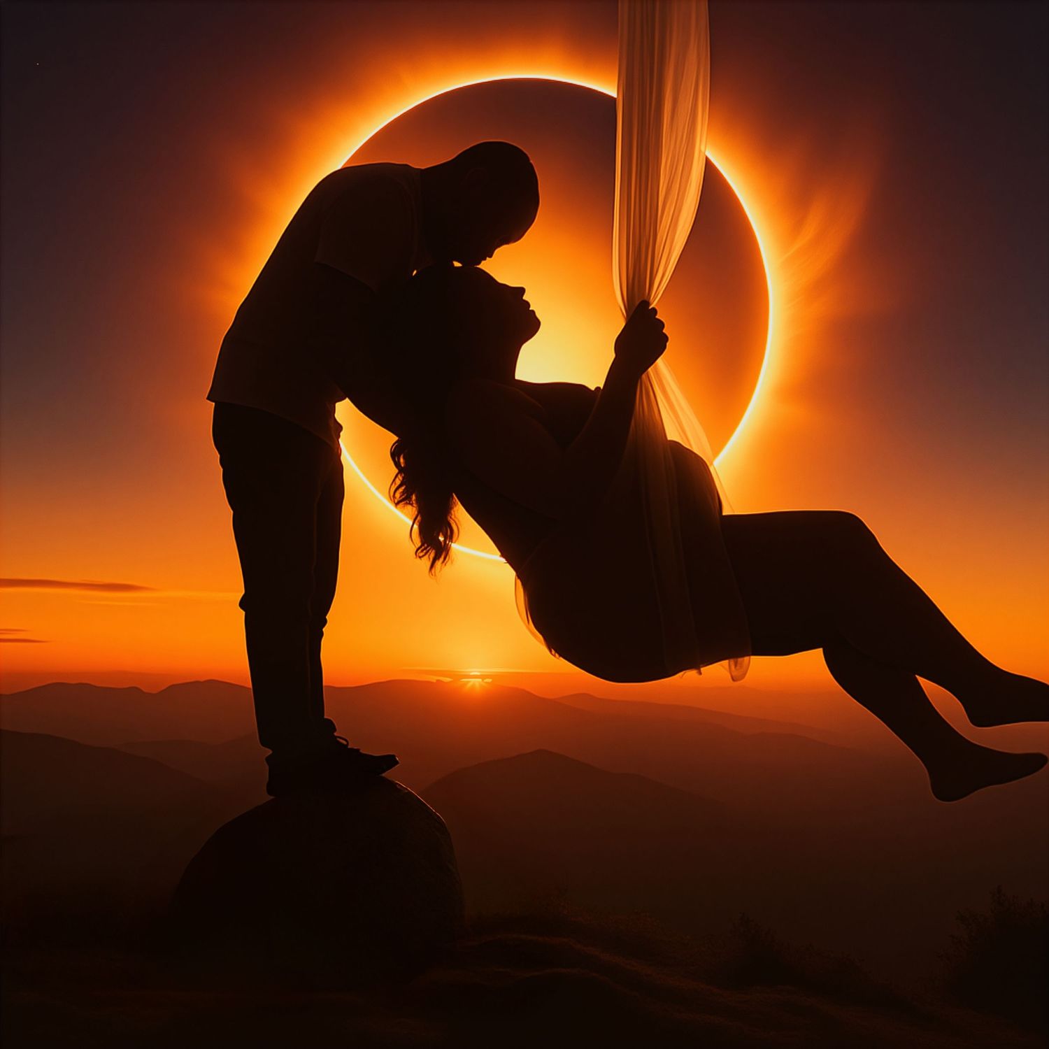 Silhouetted couple posing together before a glowing solar eclipse.