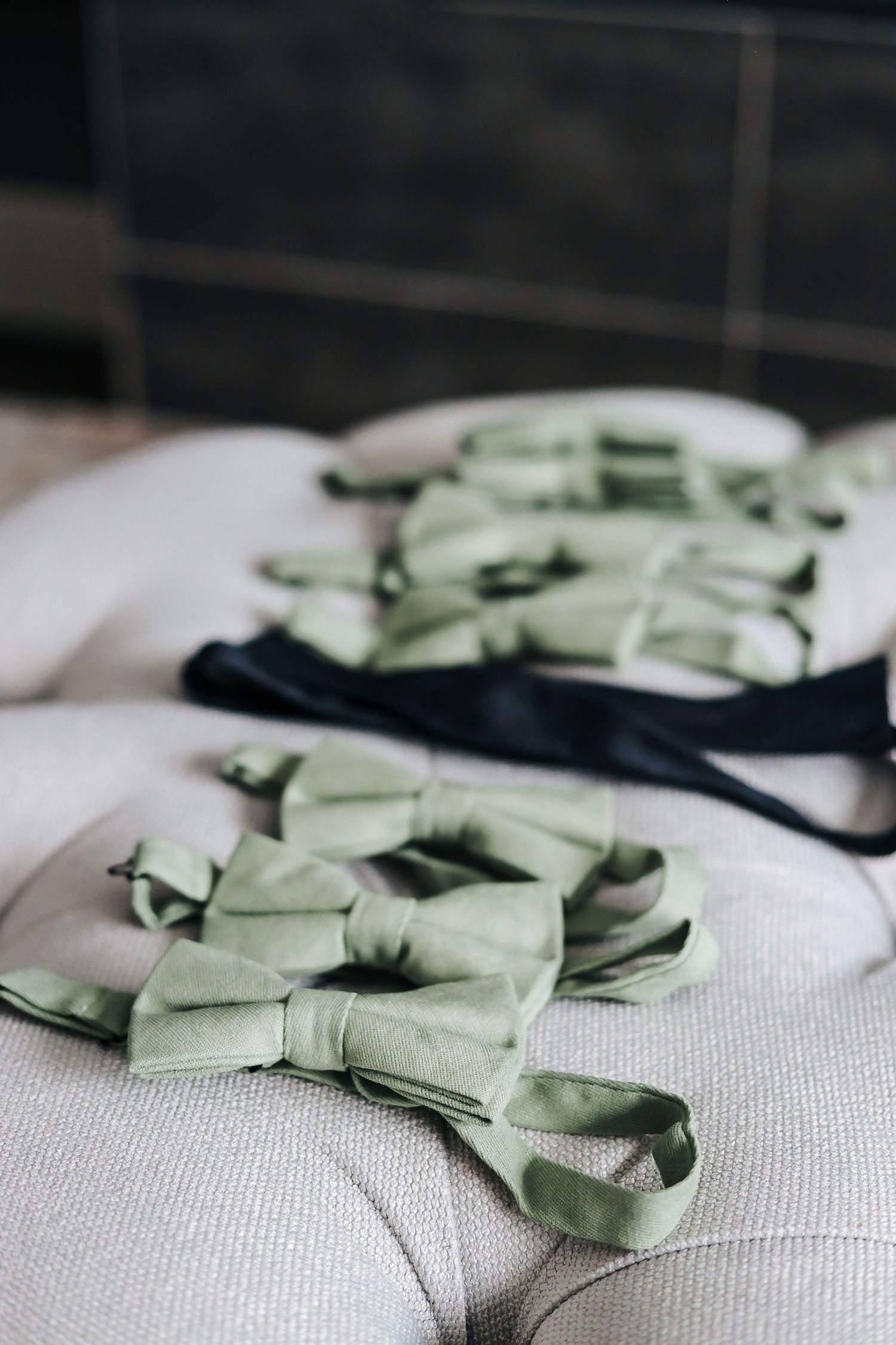 Sage green bow ties arranged on a light gray sofa cushion, with a black bow tie, for a wedding party.