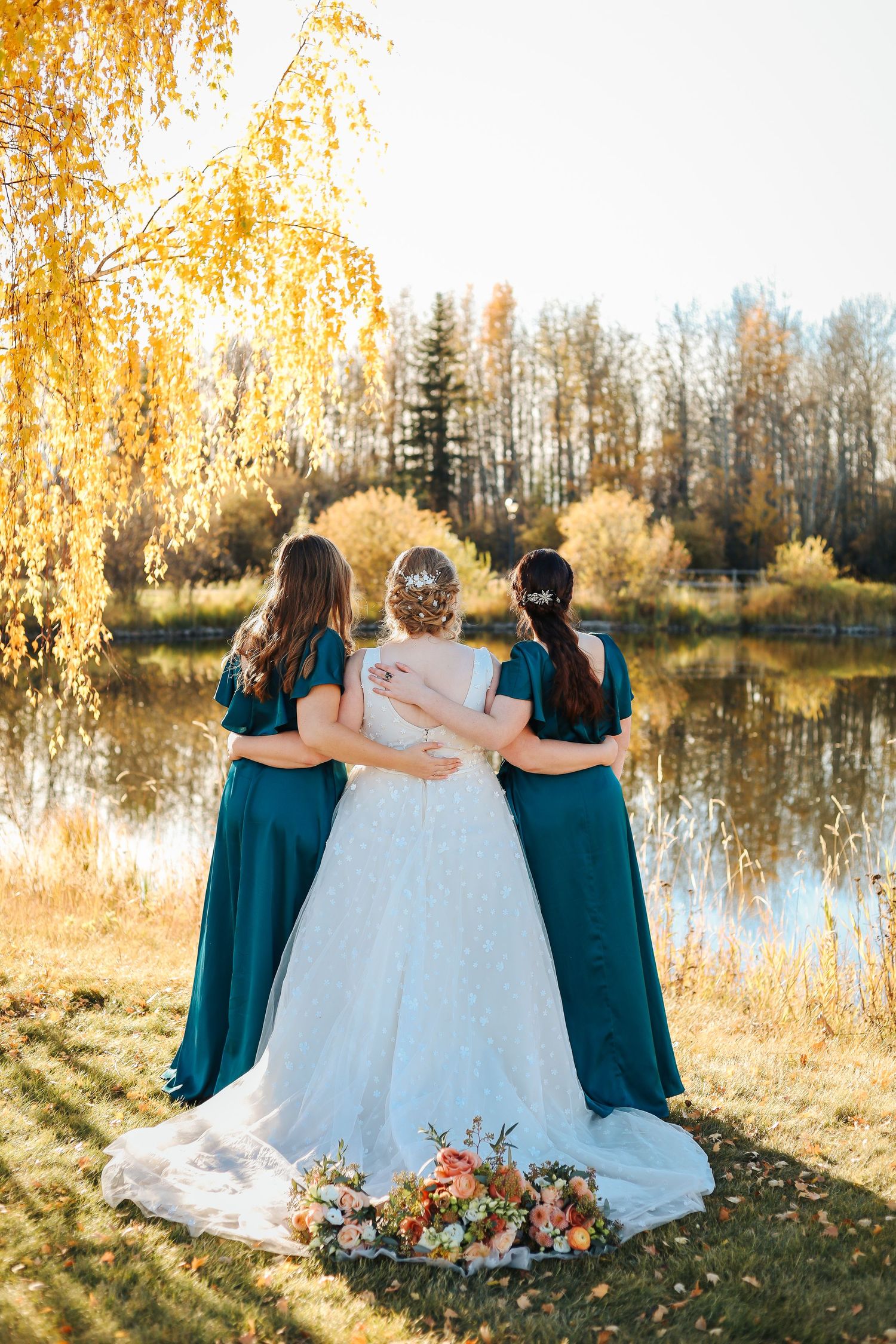 bride and bridesmaids pictures, fall wedding photos by lake, stony plain photographer, destination wedding in mexico, elopement photographer