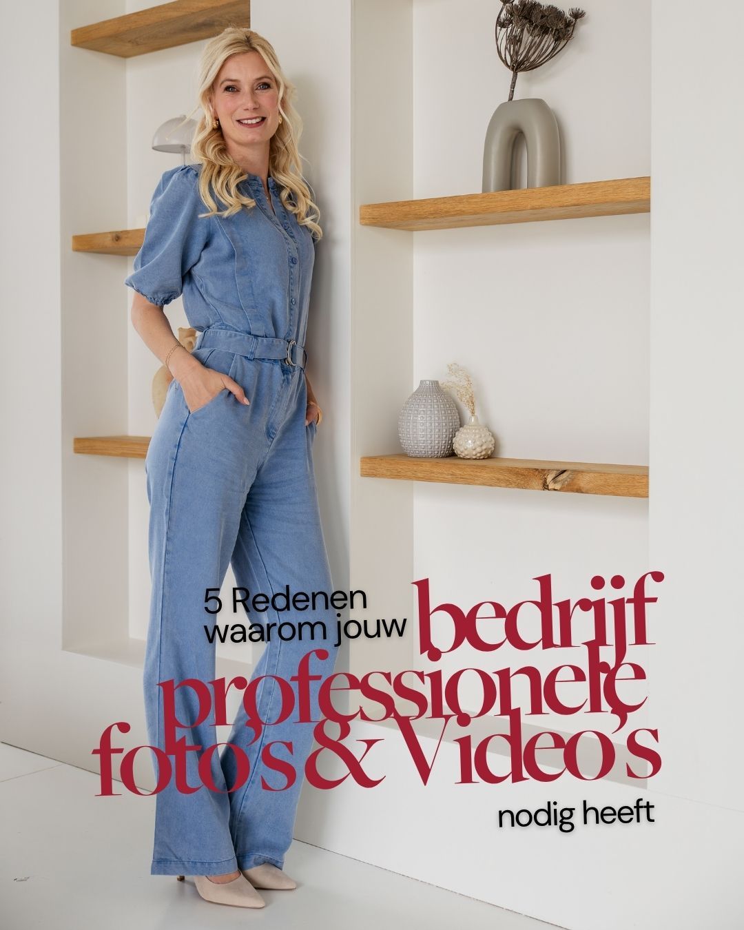 Blonde woman in denim jumpsuit leaning against shelves, promoting professional business photos and videos.