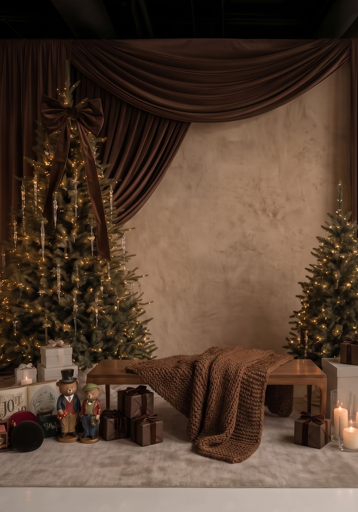 Elegant Christmas scene with decorated trees, wrapped gifts, candles, and a brown knit throw on a wooden bench.