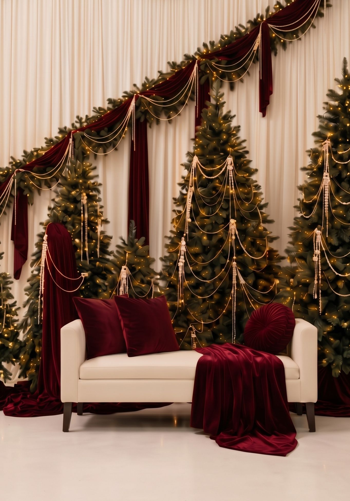 Elegant Christmas scene with cream sofa, burgundy velvet pillows, draped garlands, and tall decorated trees against white curtains.