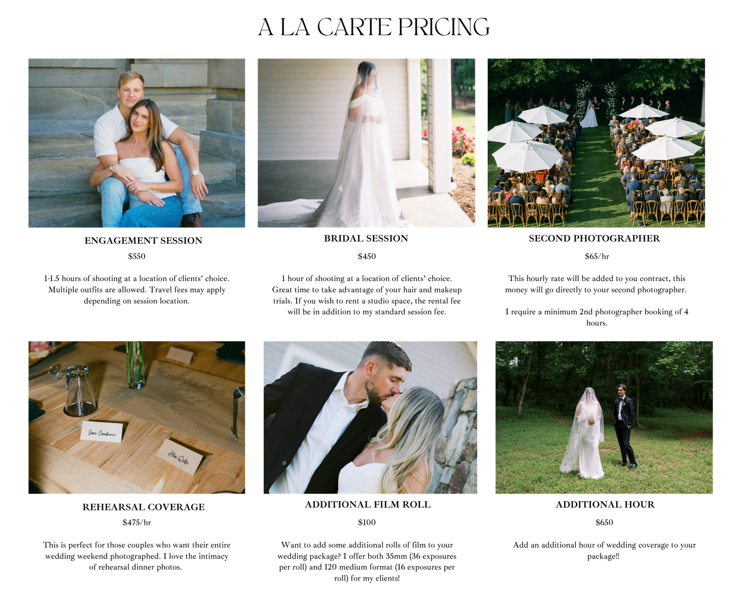 A la carte wedding photography pricing guide featuring engagement, bridal, and rehearsal session options with elegant couple photos.