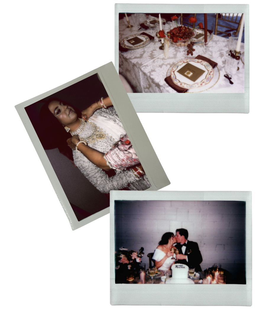 Three vintage polaroid photographs showing a wedding celebration with table settings and cake cutting moments.