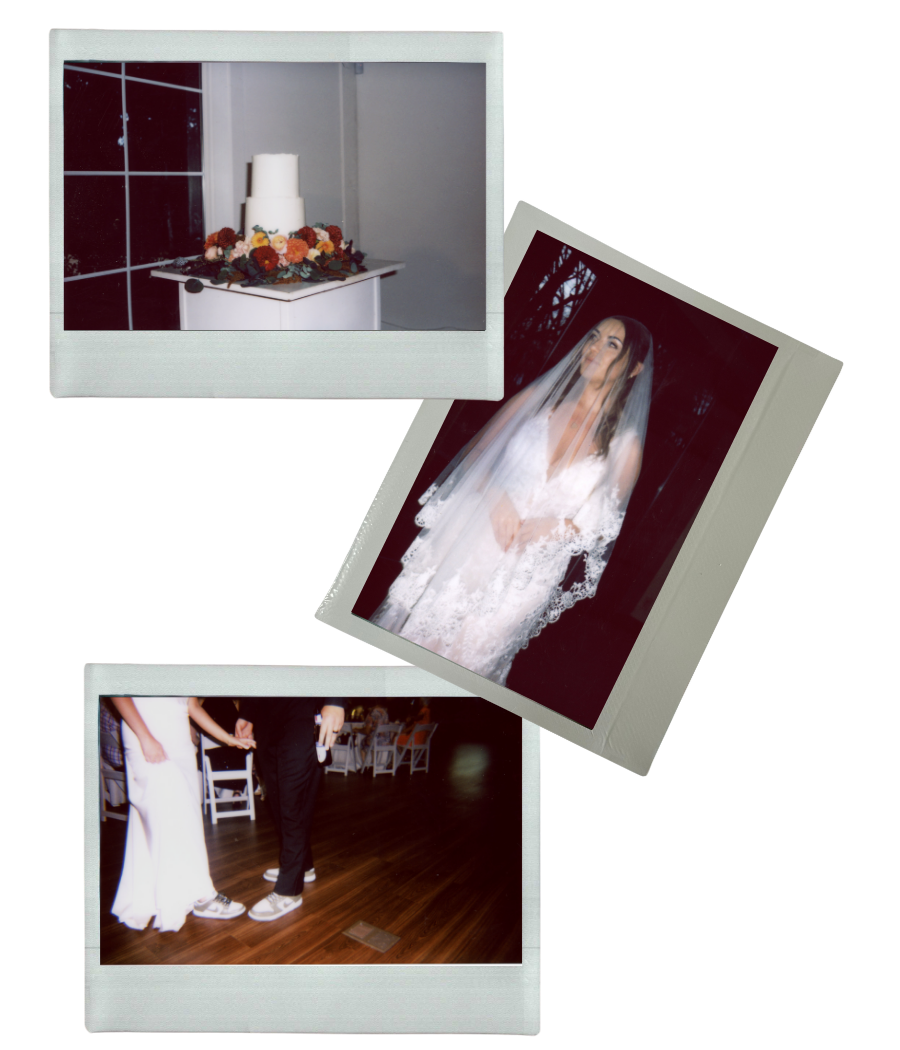 A collection of vintage-style wedding photographs arranged in a collage showing dress details and candid moments.