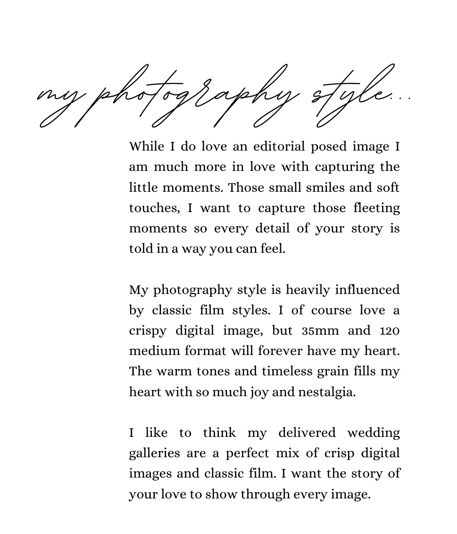 A handwritten text snippet about photography style appears on a white paper background.