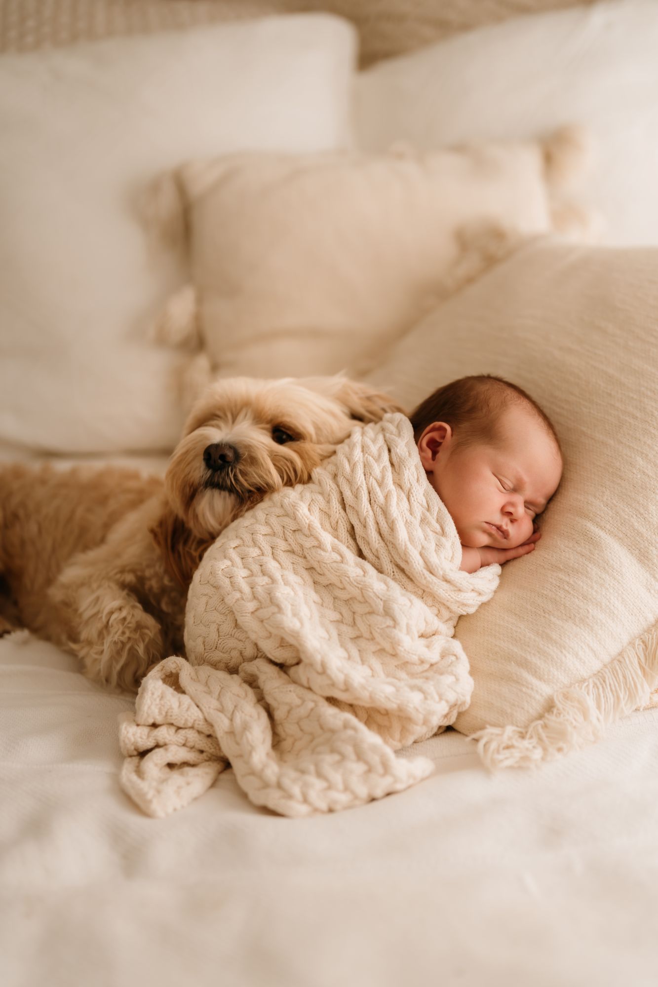 A sleeping newborn baby wrapped in a cream knit blanket cuddles with a fluffy golden dog on a white bed.