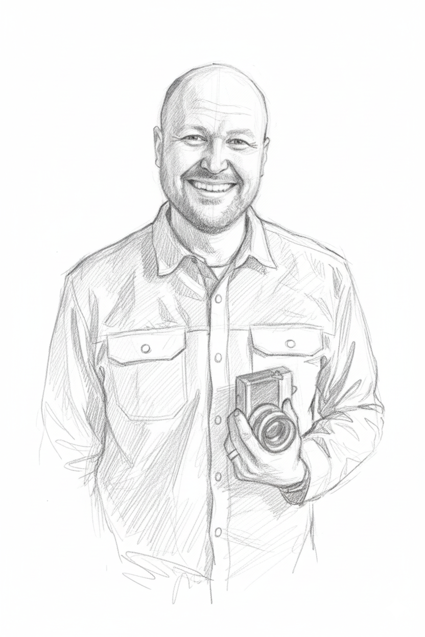 Pencil sketch progression showing three stages of a smiling person holding a camera in casual attire.
