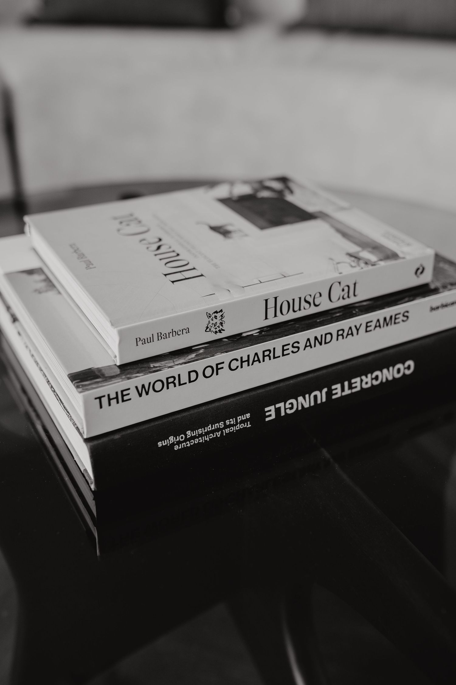 A black and white photo of stacked design books including titles about Charles and Ray Eames and House Cat.