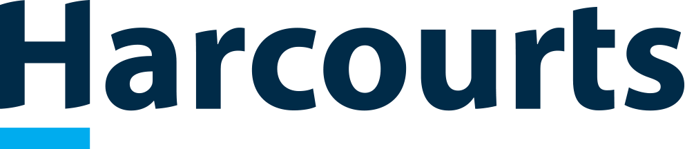 A dark blue Harcourts company logo with modern lettering design against a plain background.