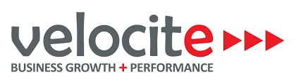 Red and black Velocite company logo featuring an arrow design for business growth and performance services.