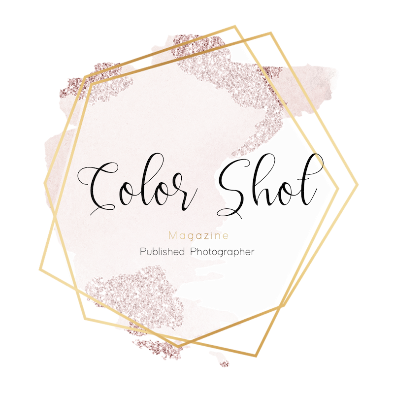 Color Shot Magazine Published Photographer logo with gold geometric hexagon frame on soft pink background.
