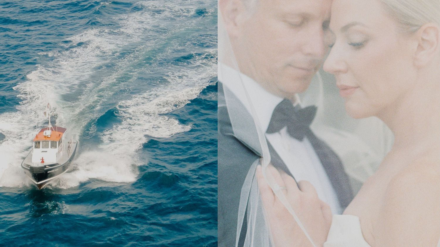 A romantic wedding couple poses by the ocean as waves crash against rocks during golden hour lighting.