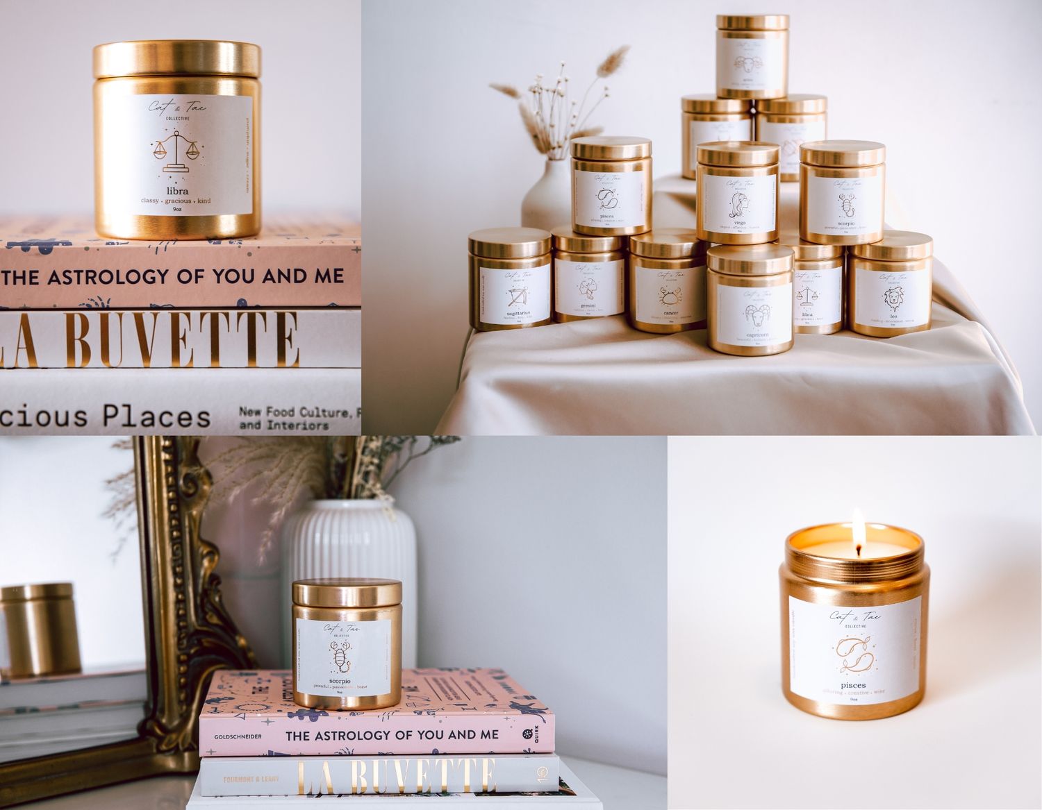 Aesthetic product photography of gold-lidded candle jars arranged with books and decorative elements.