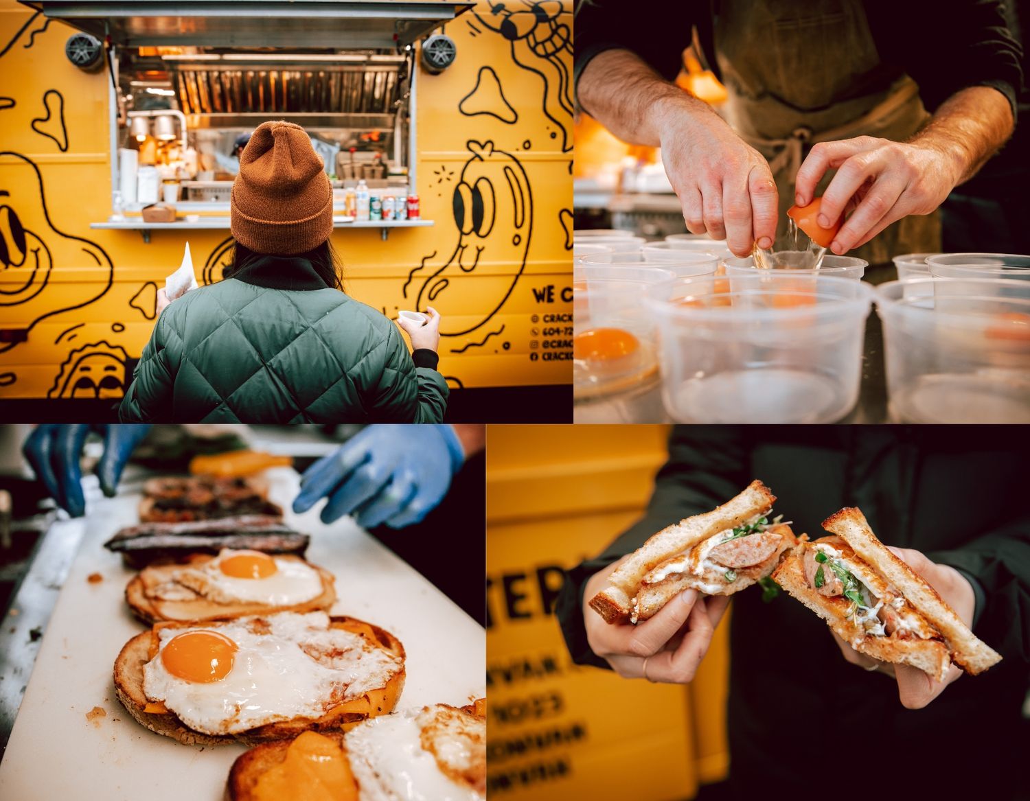 Food truck collage showing food preparation, cooking, and sandwich assembly with vintage style graphics.