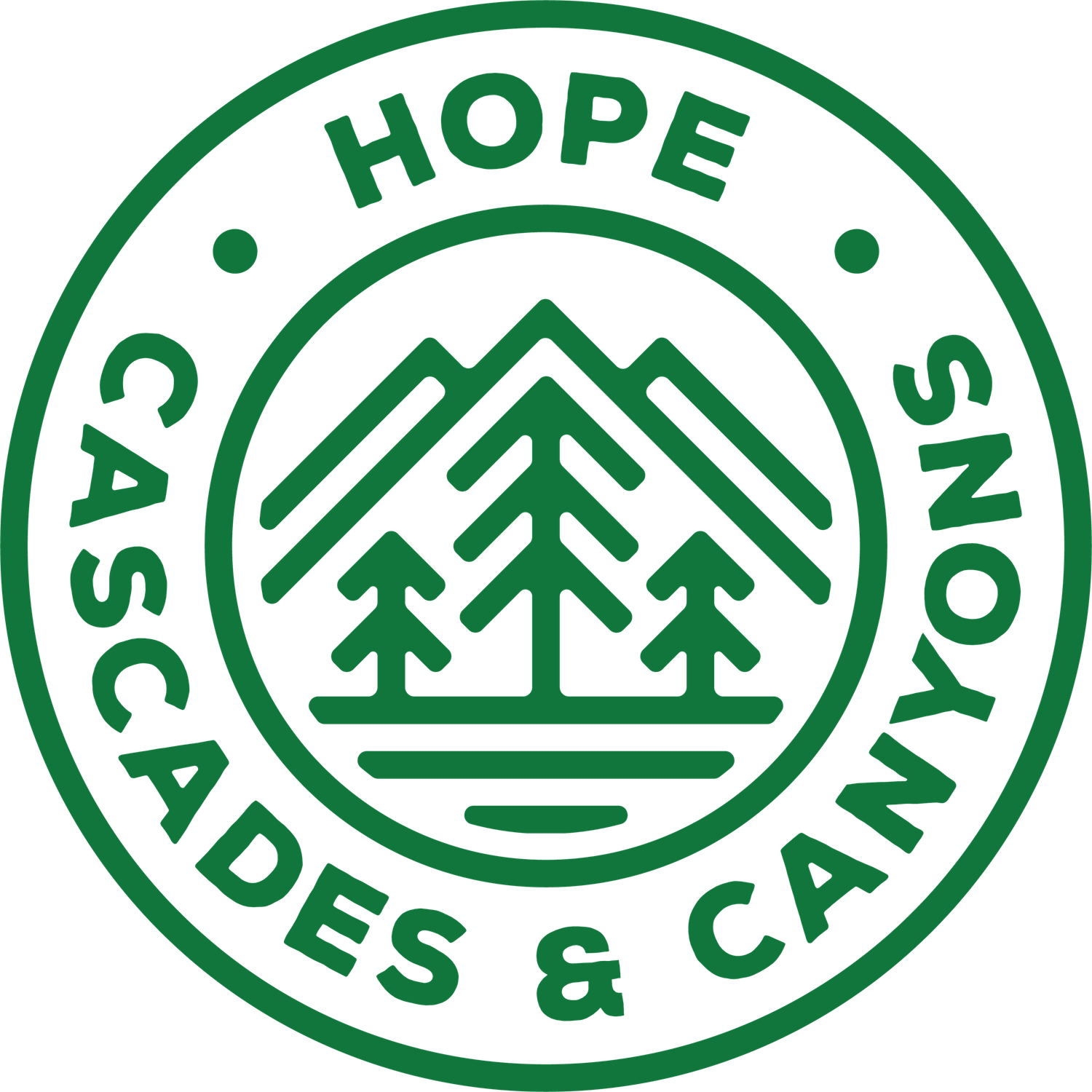 Repeating pattern of green oval badges with pine tree and mountain designs arranged in a horizontal row.