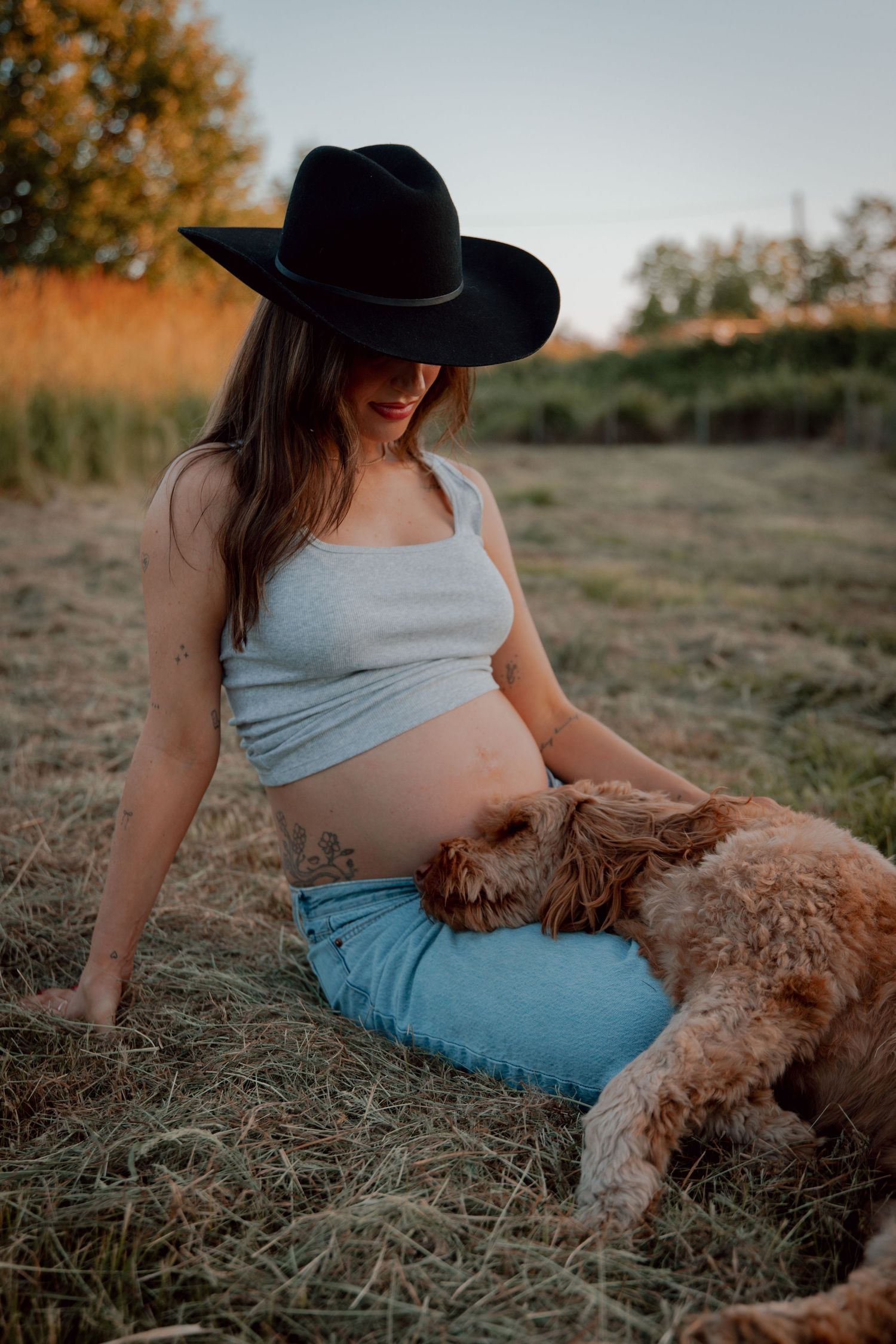 A pregnant woman in cowboy hat and crop top sits in a field at sunset with her brown goldendoodle dog.