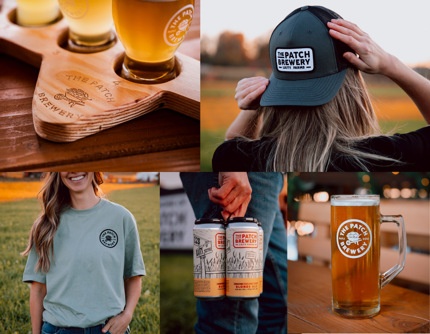 Collage of brewery merchandise and craft beer products featuring branded apparel and glassware.