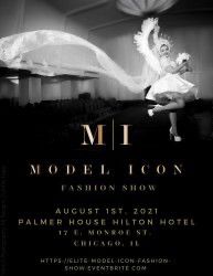Elegant black and white promotional poster for Model Icon fashion show at Palmer House Hotel.