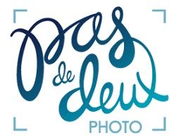Stylized Pas de Deux Photo logo design in navy blue with frame elements.