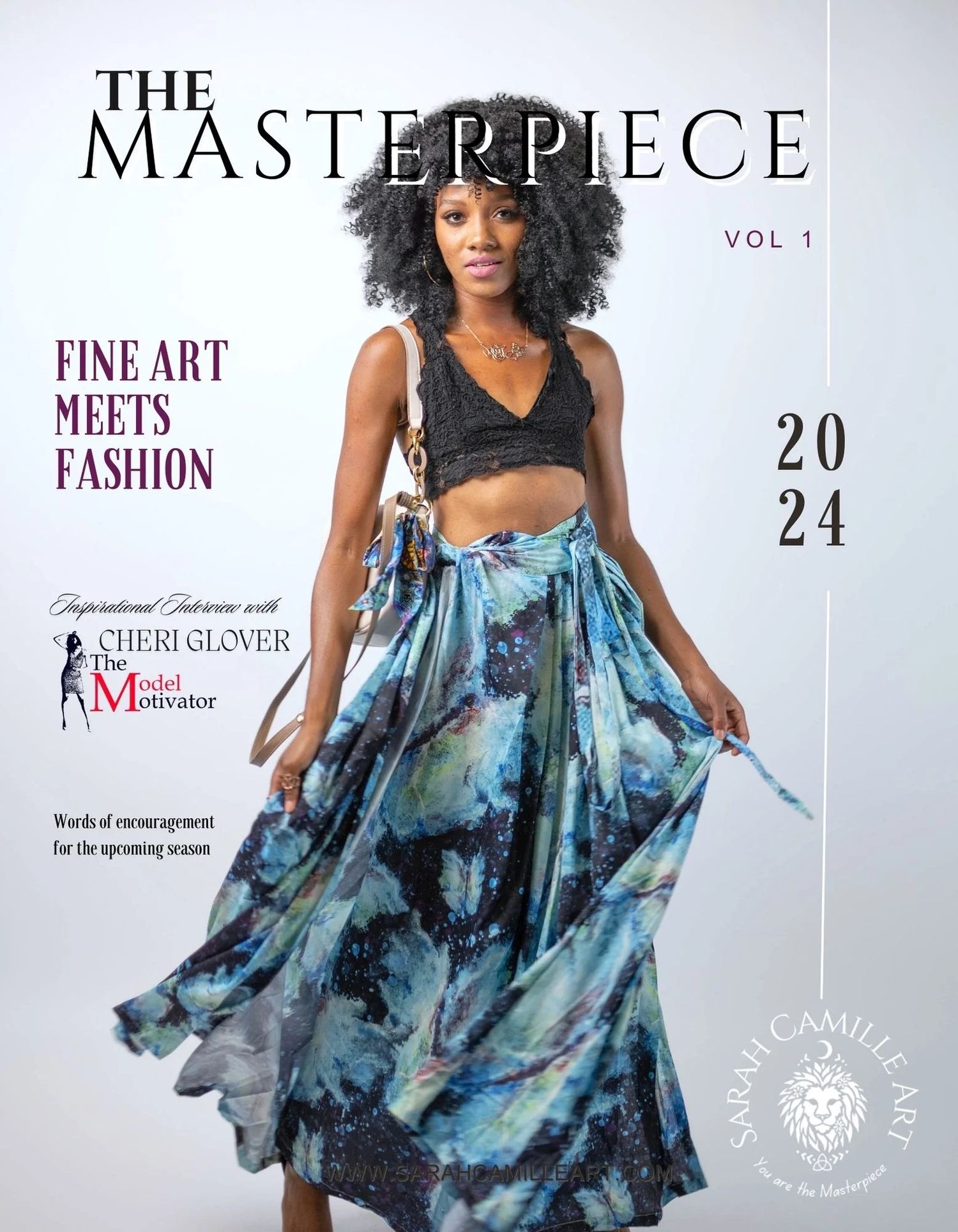 Fashion magazine cover featuring model in blue watercolor print skirt titled The Masterpiece.