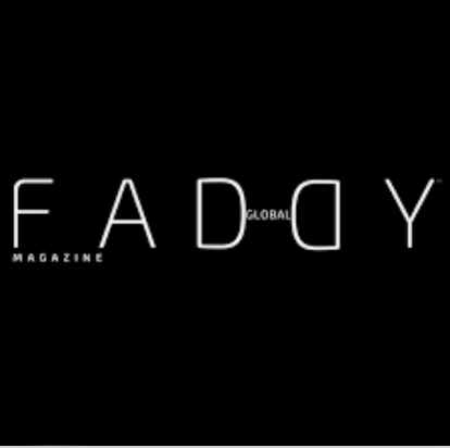 Minimalist black and white Faddy Magazine logo design on dark background.