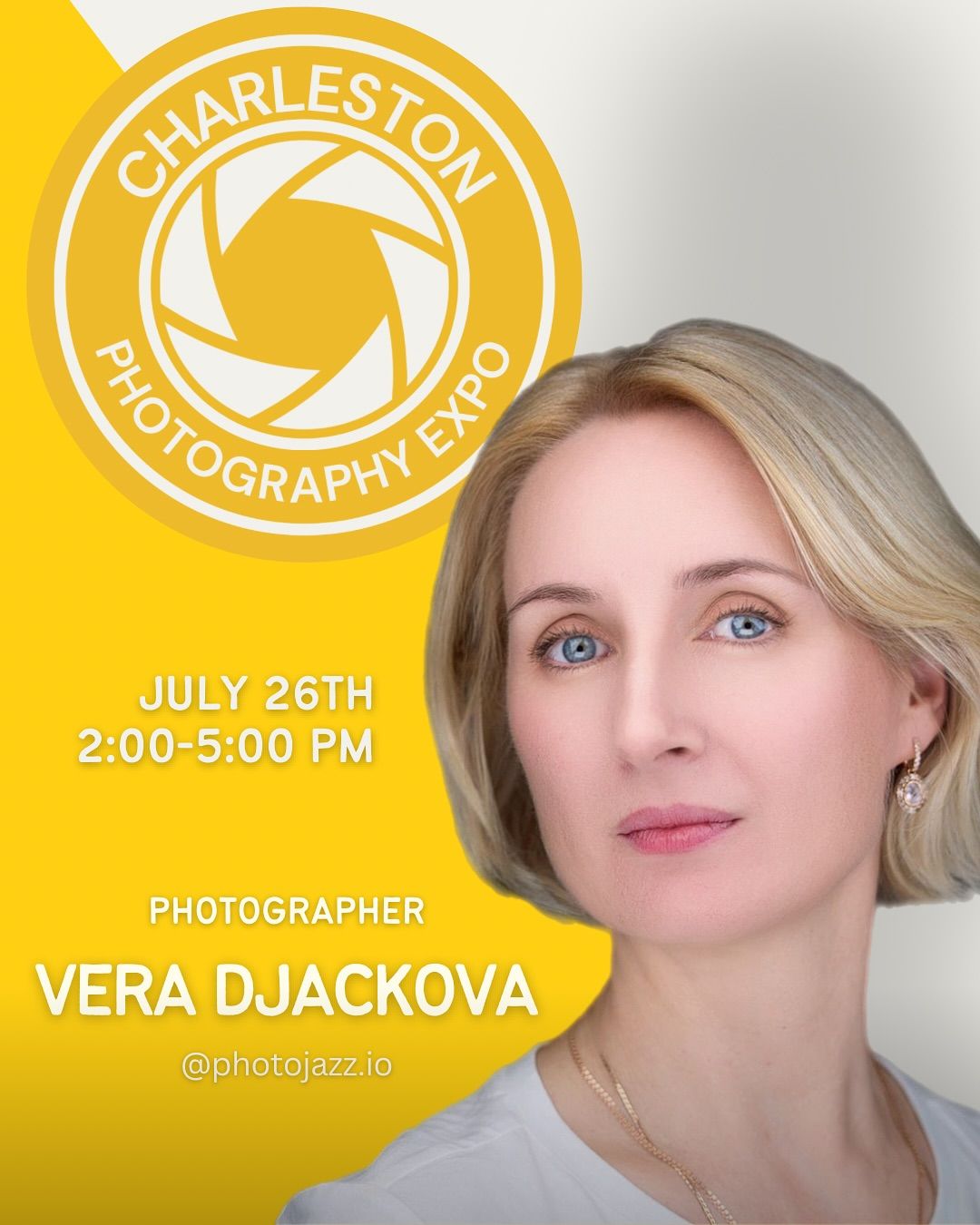 A yellow photography event poster featuring a photographer with blonde hair against a bright backdrop.