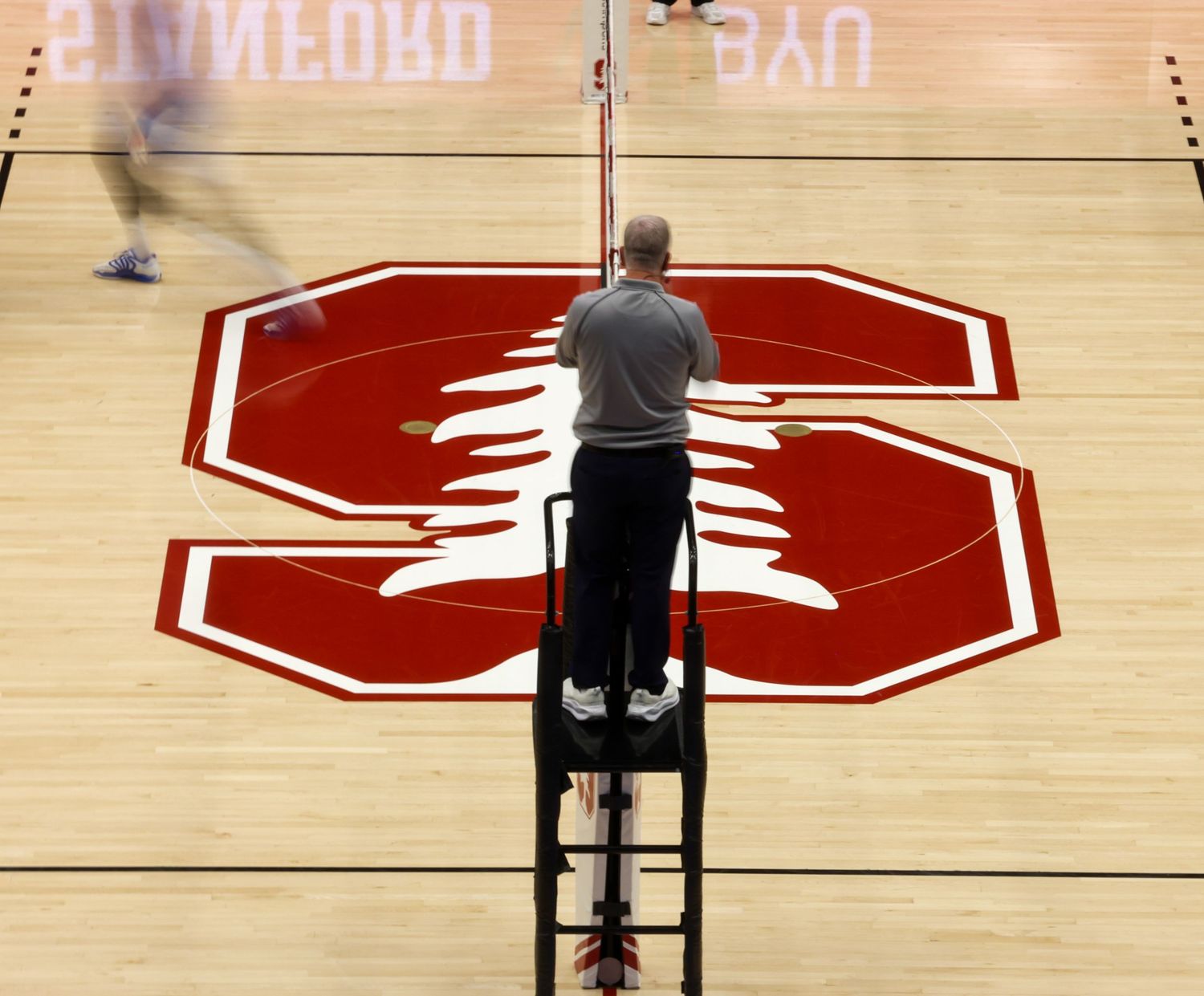 Referee sits in chair at net during Stanford Cardinal volleyball match on court featuring iconic red S logo.