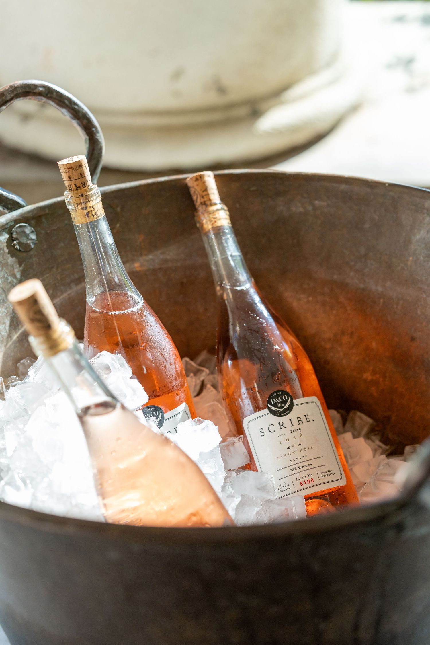 Three bottles of Scribe rosé wine chilling in an ice-filled rustic metal bucket.