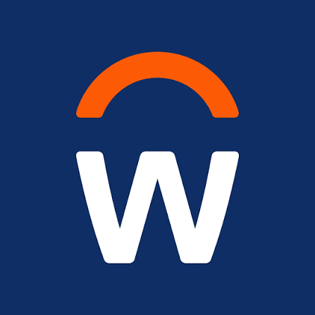 Workday logo featuring a white W and orange arc on a navy blue background.