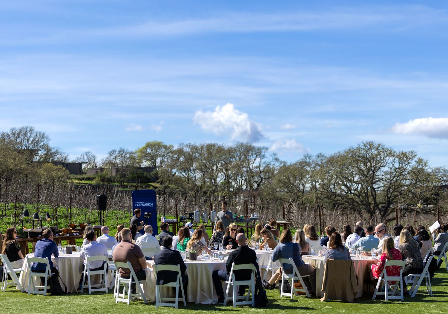 Outdoor corporate event with guests seated at round tables on a vineyard lawn under a sunny blue sky.