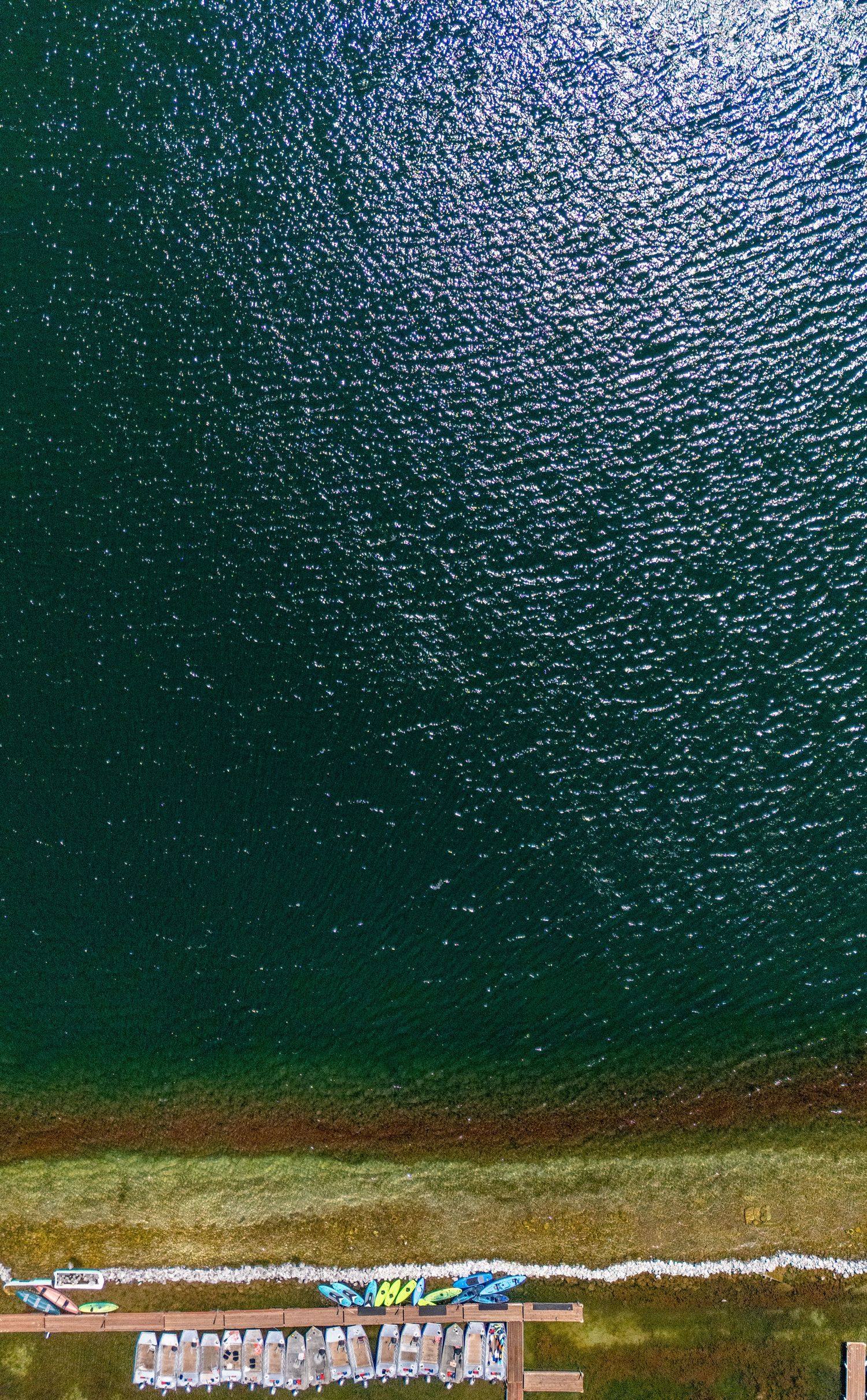 Aerial top-down view of a lake shoreline with kayak rentals and dock on turquoise water.