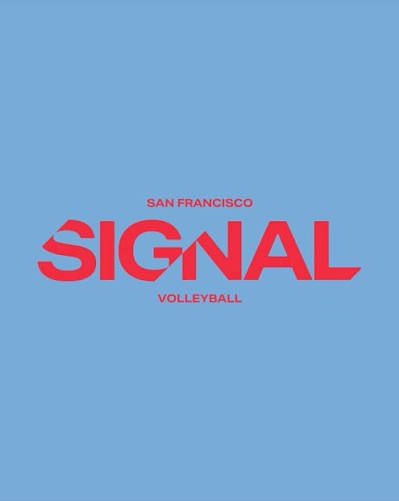 San Francisco Signal Volleyball club logo in bold red text on a light blue background.