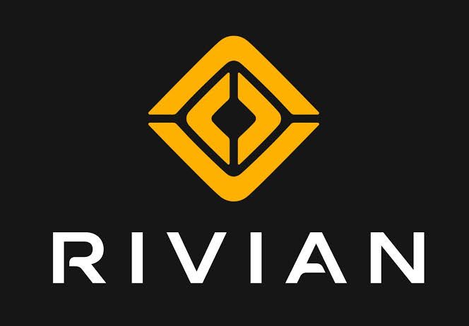 Rivian electric vehicle brand logo featuring a yellow geometric diamond shape with an arrow icon on a dark background.