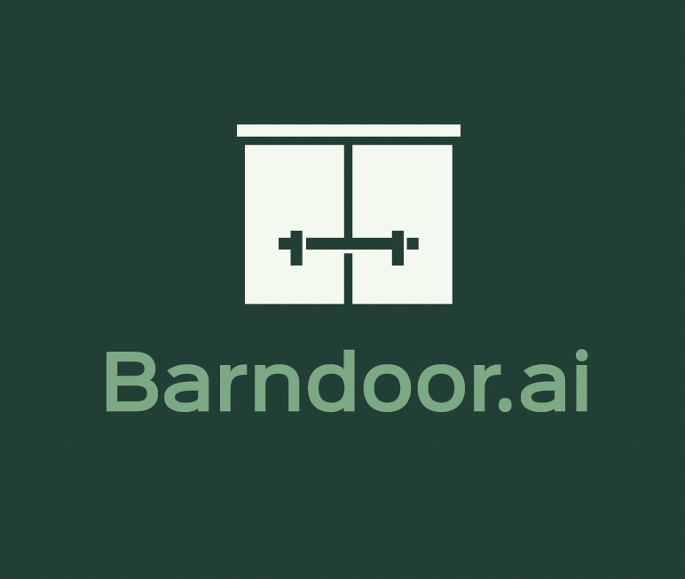 Barndoor.ai logo featuring a minimalist barn door icon with a dumbbell on a dark green background.