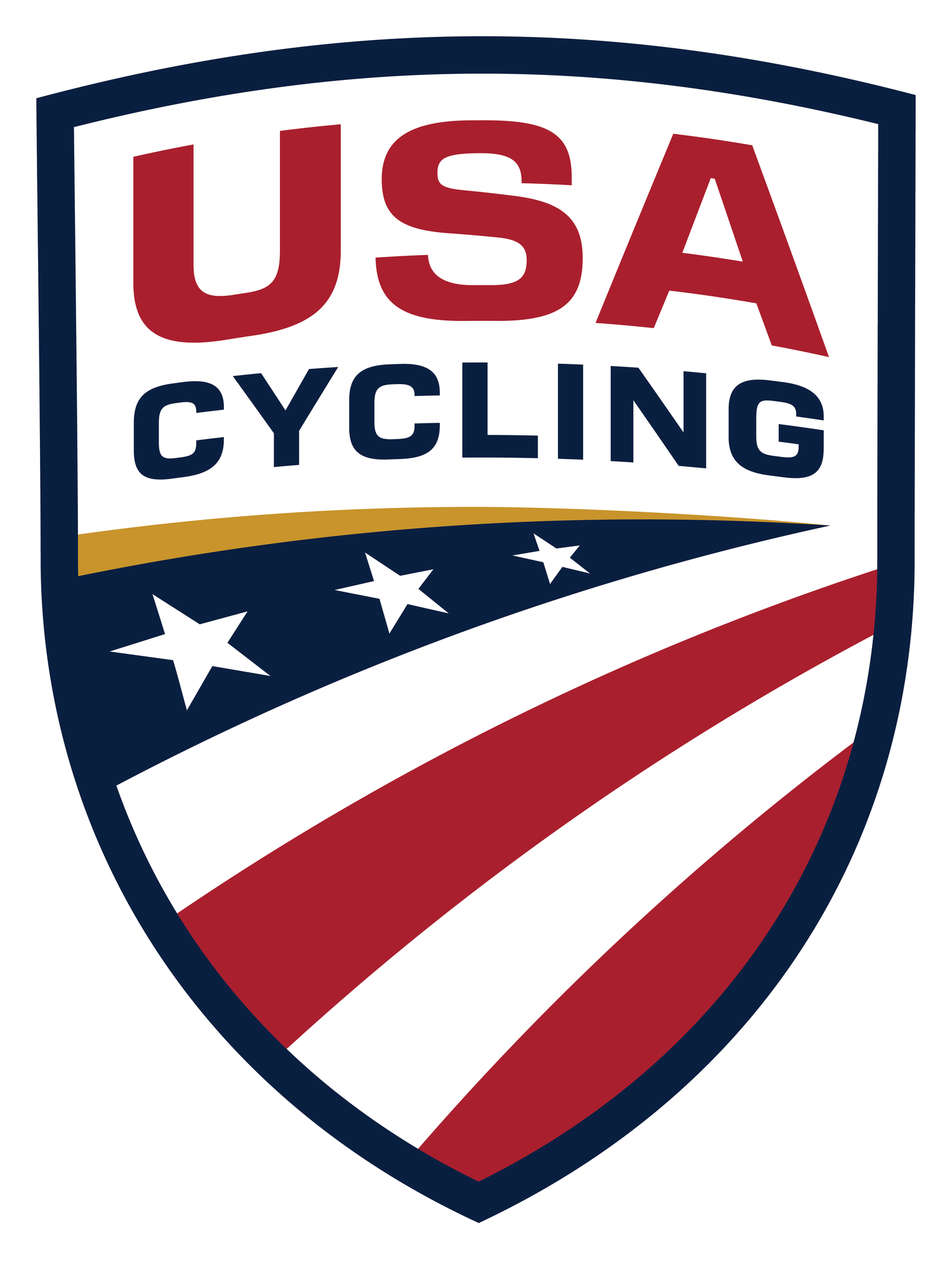 USA Cycling official shield logo with red, white, and blue stripes, stars, and bold text on navy background.
