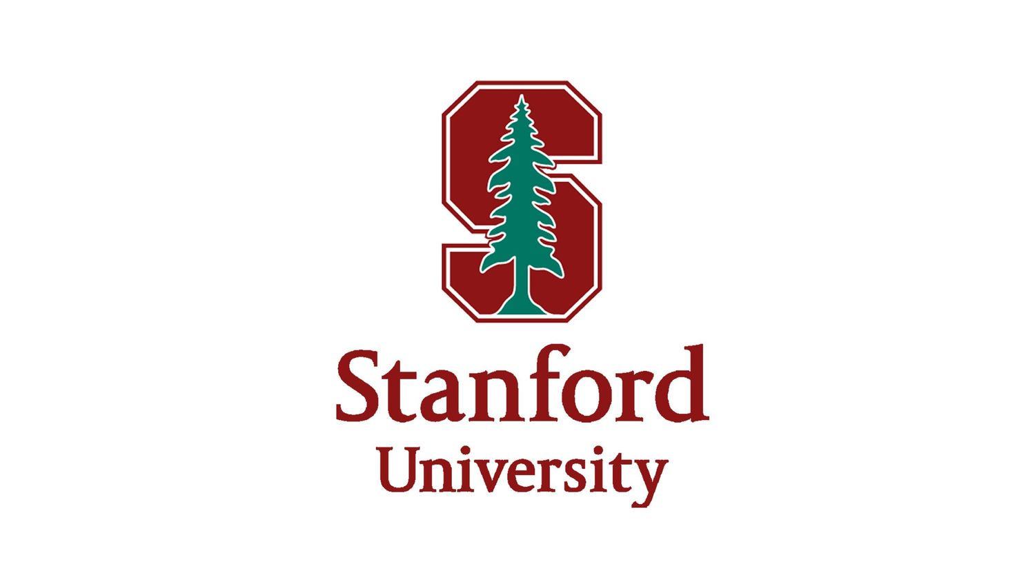 Stanford University official logo featuring a bold red S with a green tree and university name in cardinal red.