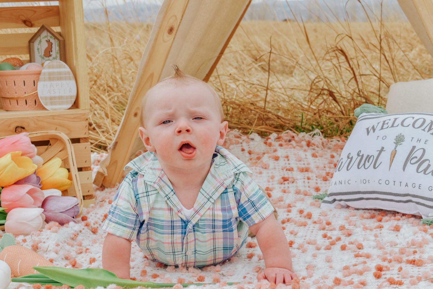 Baby boy in plaid shirt doing tummy time on floral blanket at Easter-themed outdoor photo shoot. Family Photographer in Pflugerville, Tx