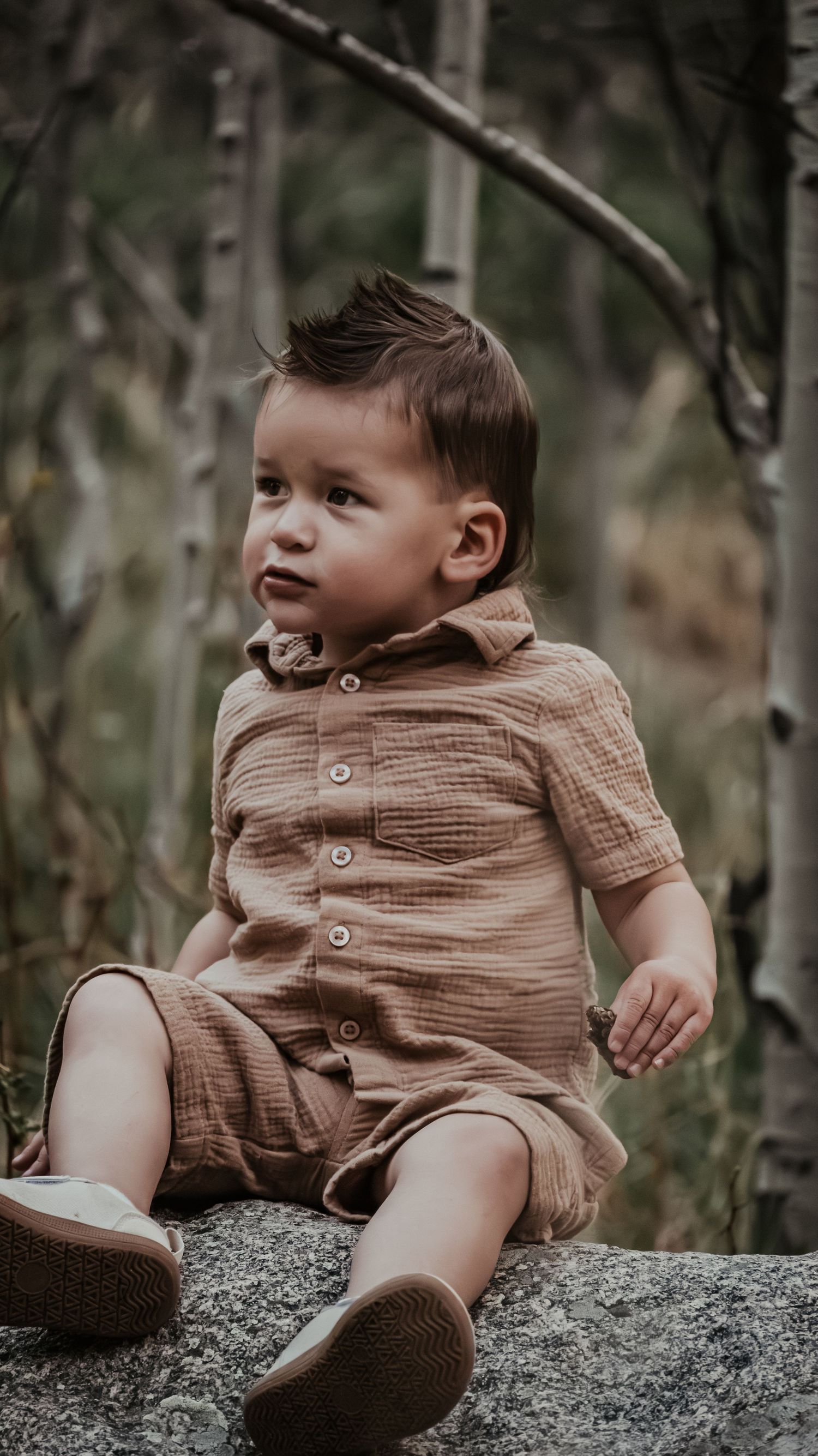 Adorable toddler boy in a brown linen romper sitting on a rock in a forest setting.