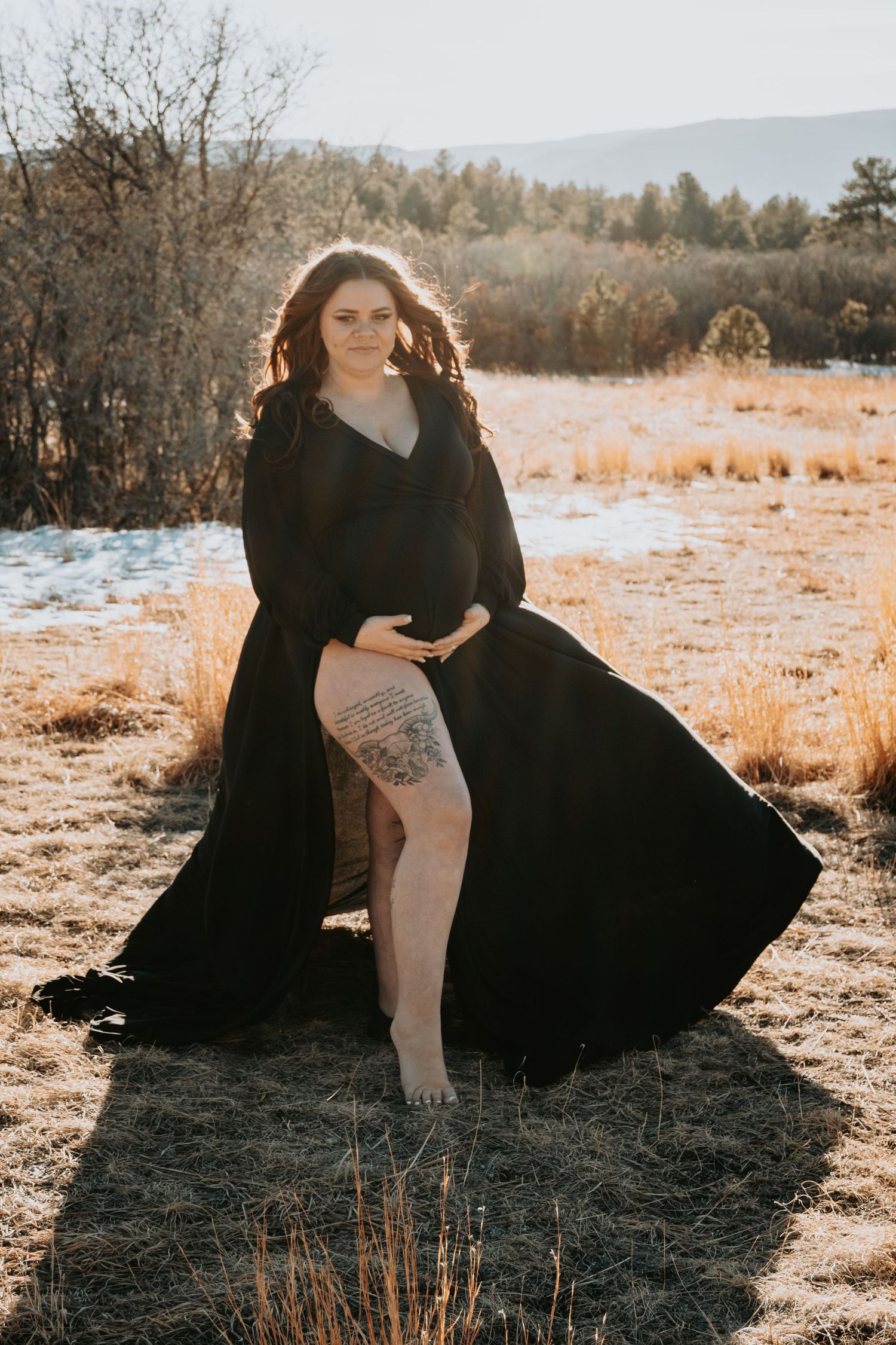 Pregnant woman in flowing black dress holding baby bump in golden field with snowy mountains.