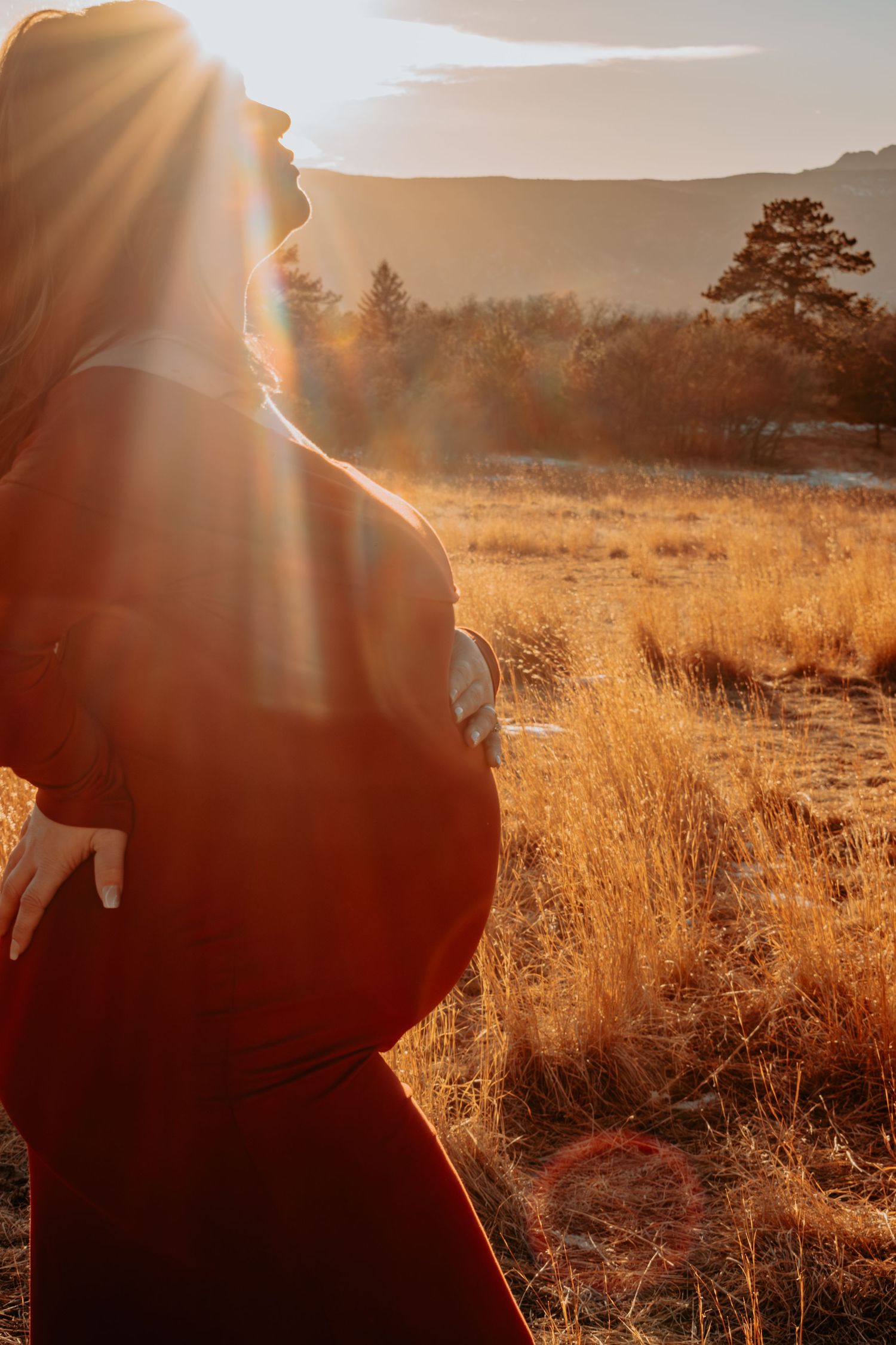 Pregnant woman in red dress holds baby bump in golden field at sunset with sun flare.