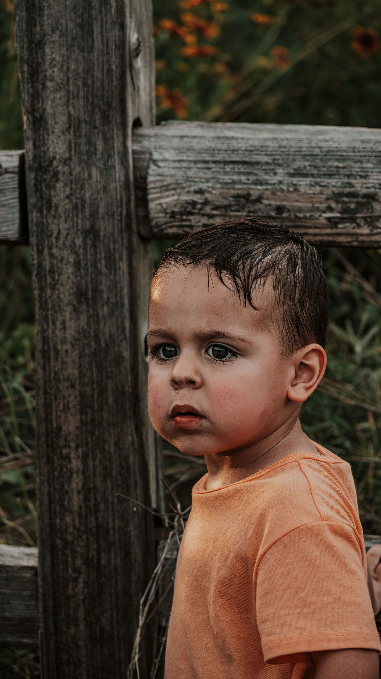 A young boy in an orange shirt stands by a rustic wooden fence.