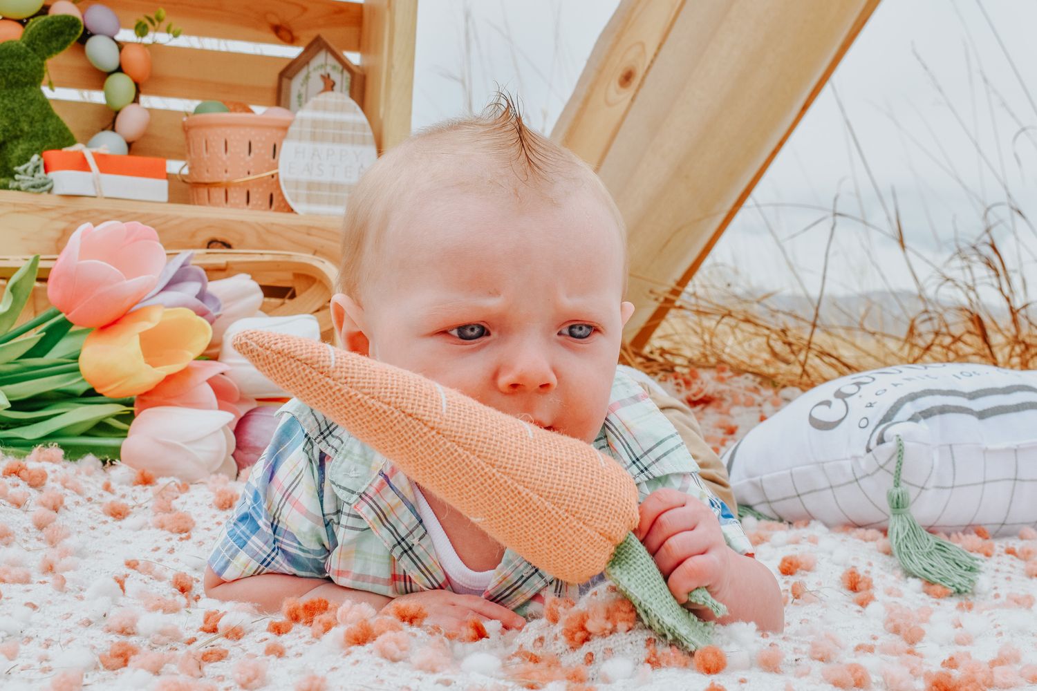 Baby doing tummy time holding a toy carrot surrounded by Easter decorations. Family Photographer in Pflugerville, Tx