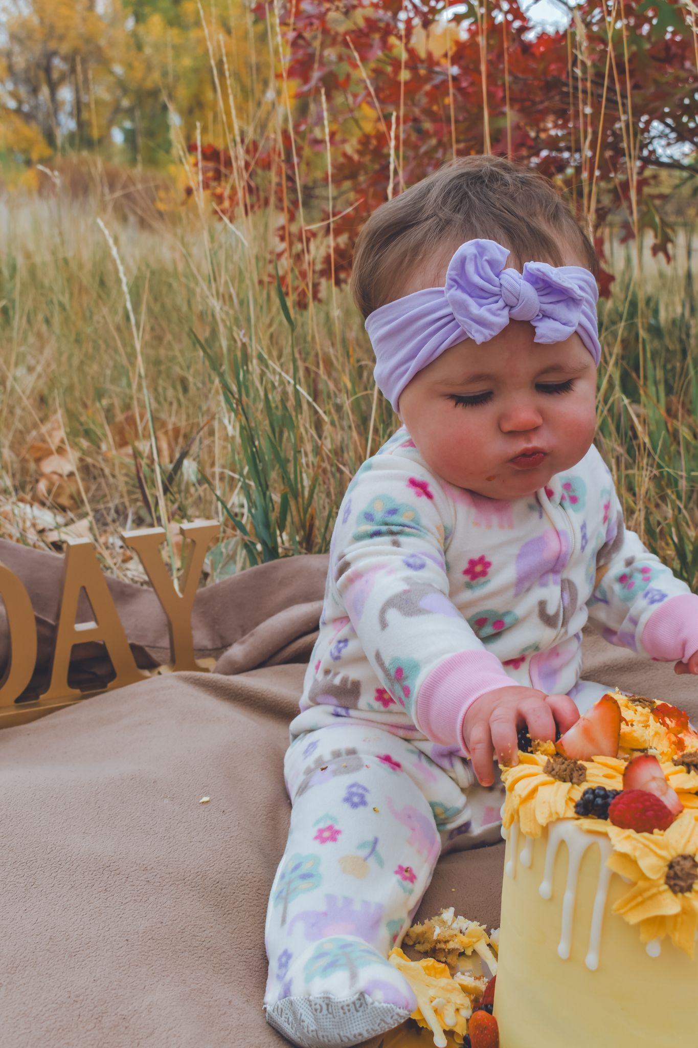 Baby girl with purple headband reaching into yellow smash cake outdoors in autumn setting. Family Photographer in Pflugerville, Tx