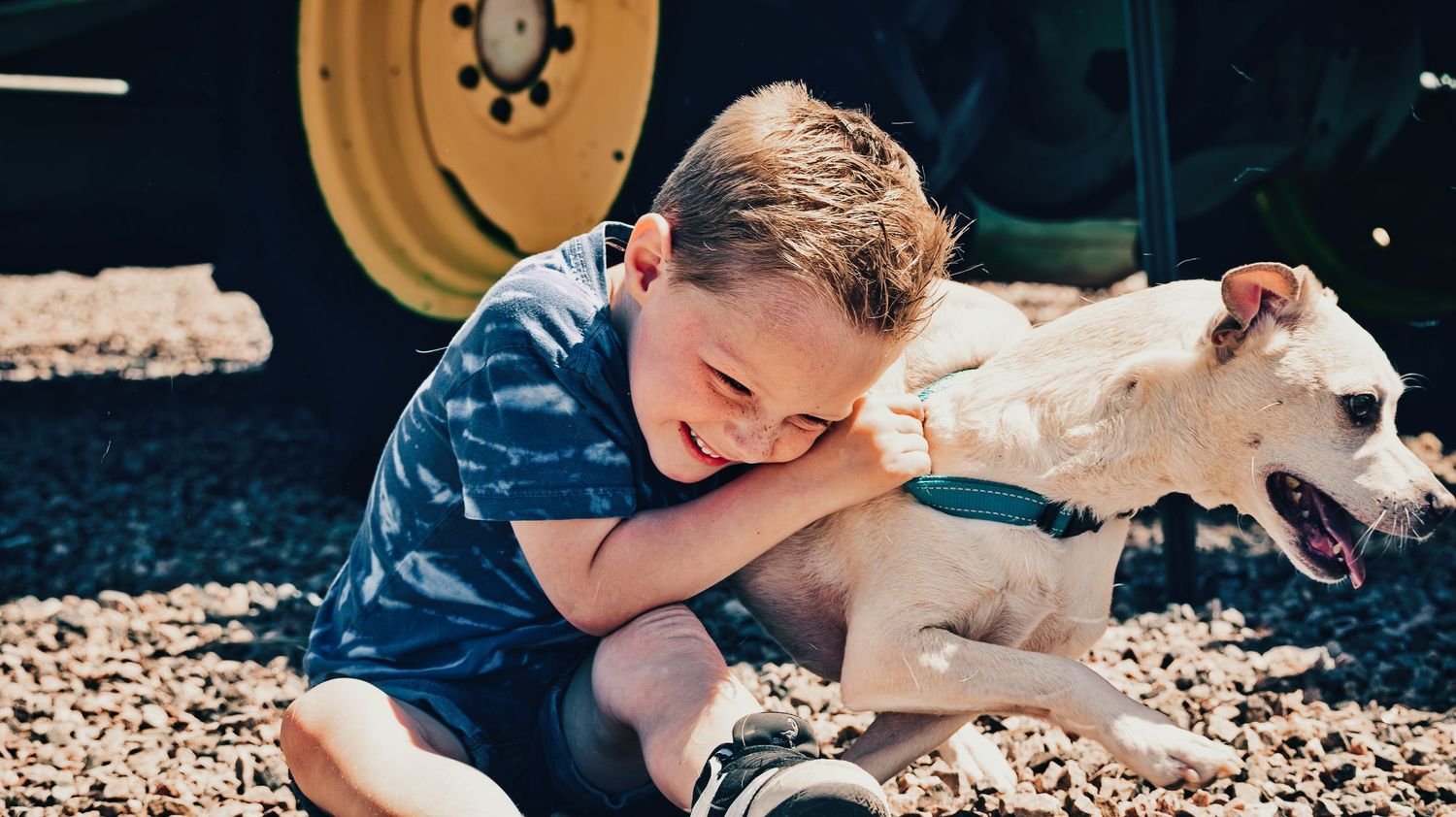 Young boy hugging a white dog while sitting on gravel near a tractor tire. Family Photographer in Pflugerville, Tx