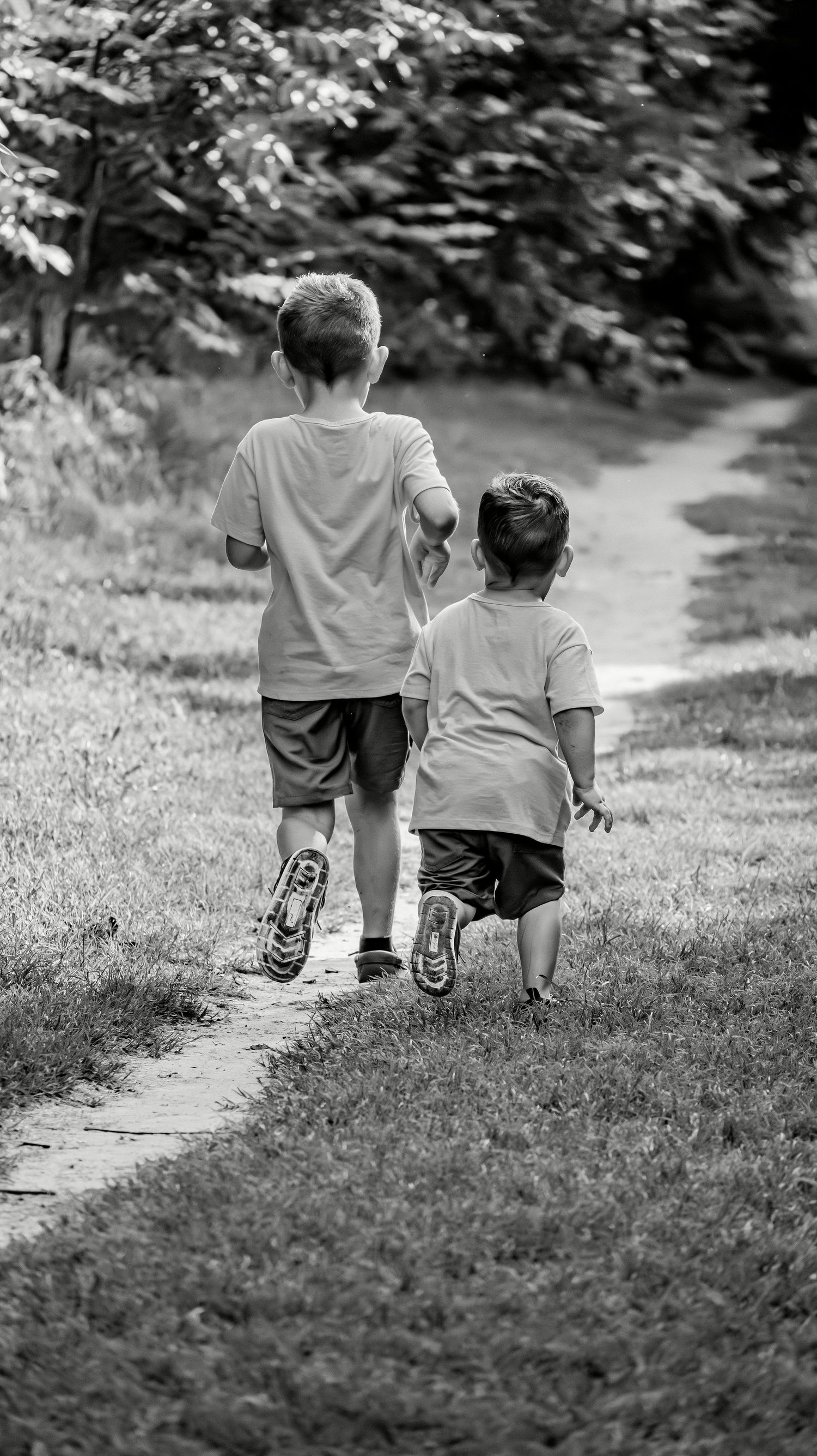 Two young boys walking hand in hand along a park path in black and white photo.