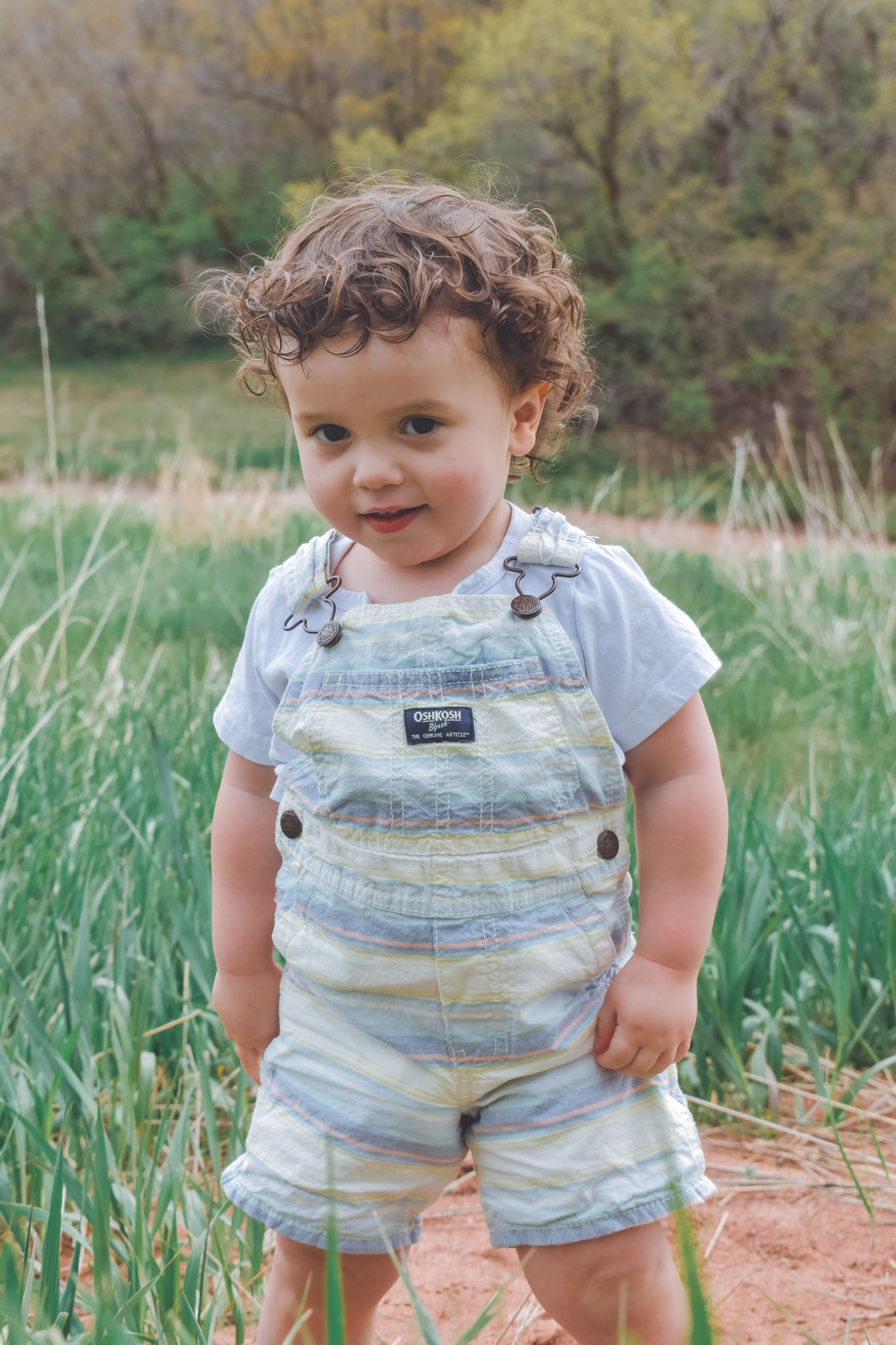 Adorable toddler with curly hair wearing striped OshKosh overalls standing in tall green grass outdoors.