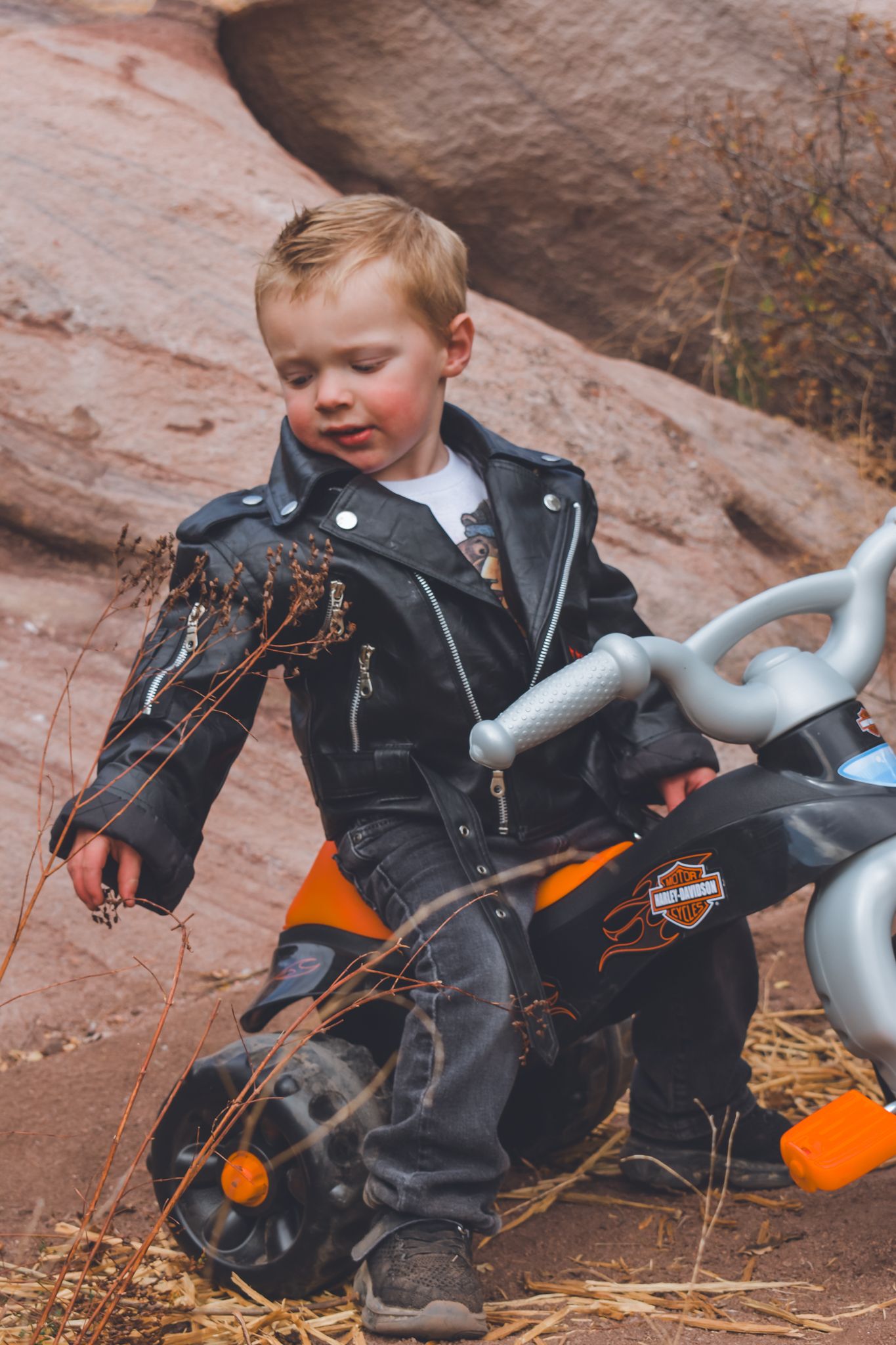 Young boy in Harley Davidson leather jacket crouches beside toy motorcycle near red rock formations. Family Photographer in Pflugerville, Tx